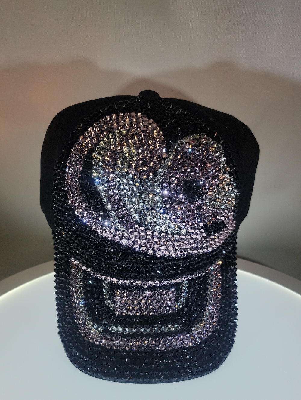Black Crystal-Embellished Baseball Cap with Heart Accent
